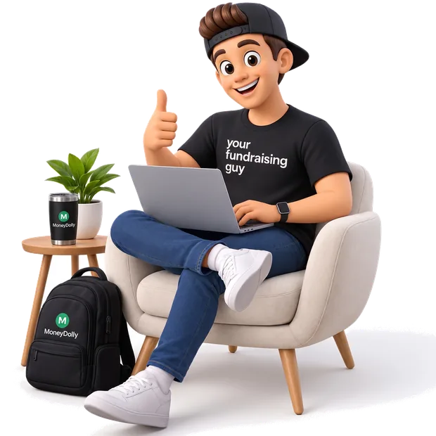 Your Fundraising Guy — a friendly, clean-shaven young man in a backwards cap and a black "your fundraising guy" T-shirt, sitting with a laptop and giving a thumbs up