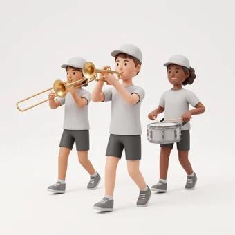 Marching band members of mixed genders performing in formation