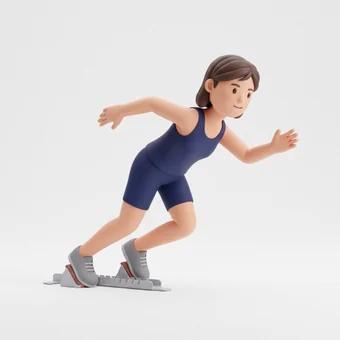 A female sprinter accelerating out of the blocks